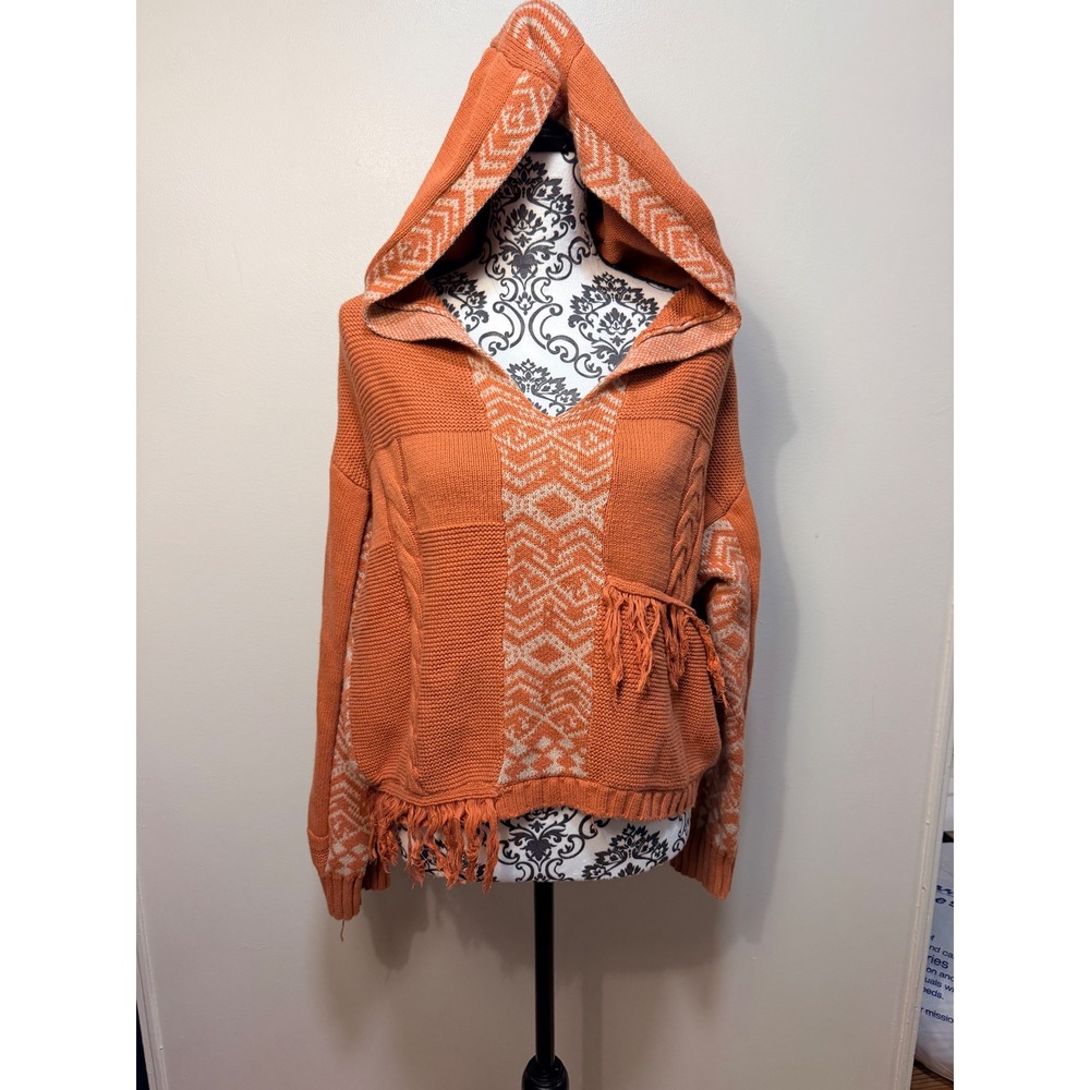 Fate Sweater Cotton Large Hooded Patchwork Boho Fringe Orange Geometric Knit